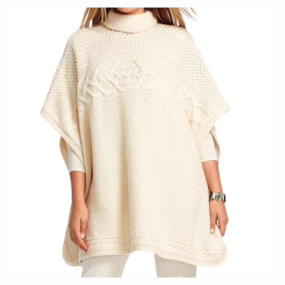 Ralph Lauren Womens Cream Ivory Chunky‎ Cable Knit Sweater Poncho Petite Small